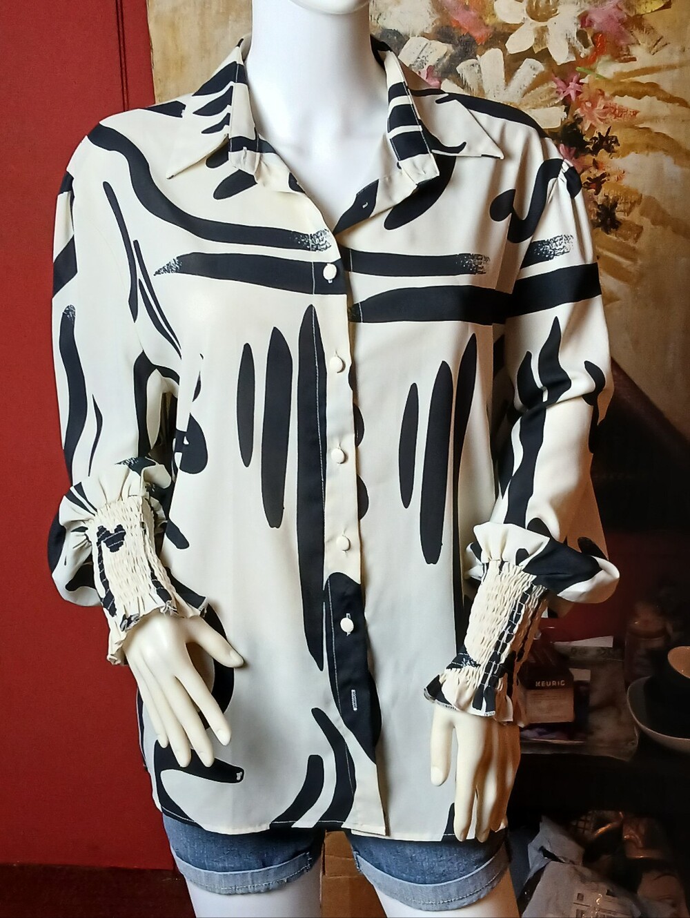 Abstract Black Cream Graphic Print Smocked Cuff Button Down Blouse - Size M